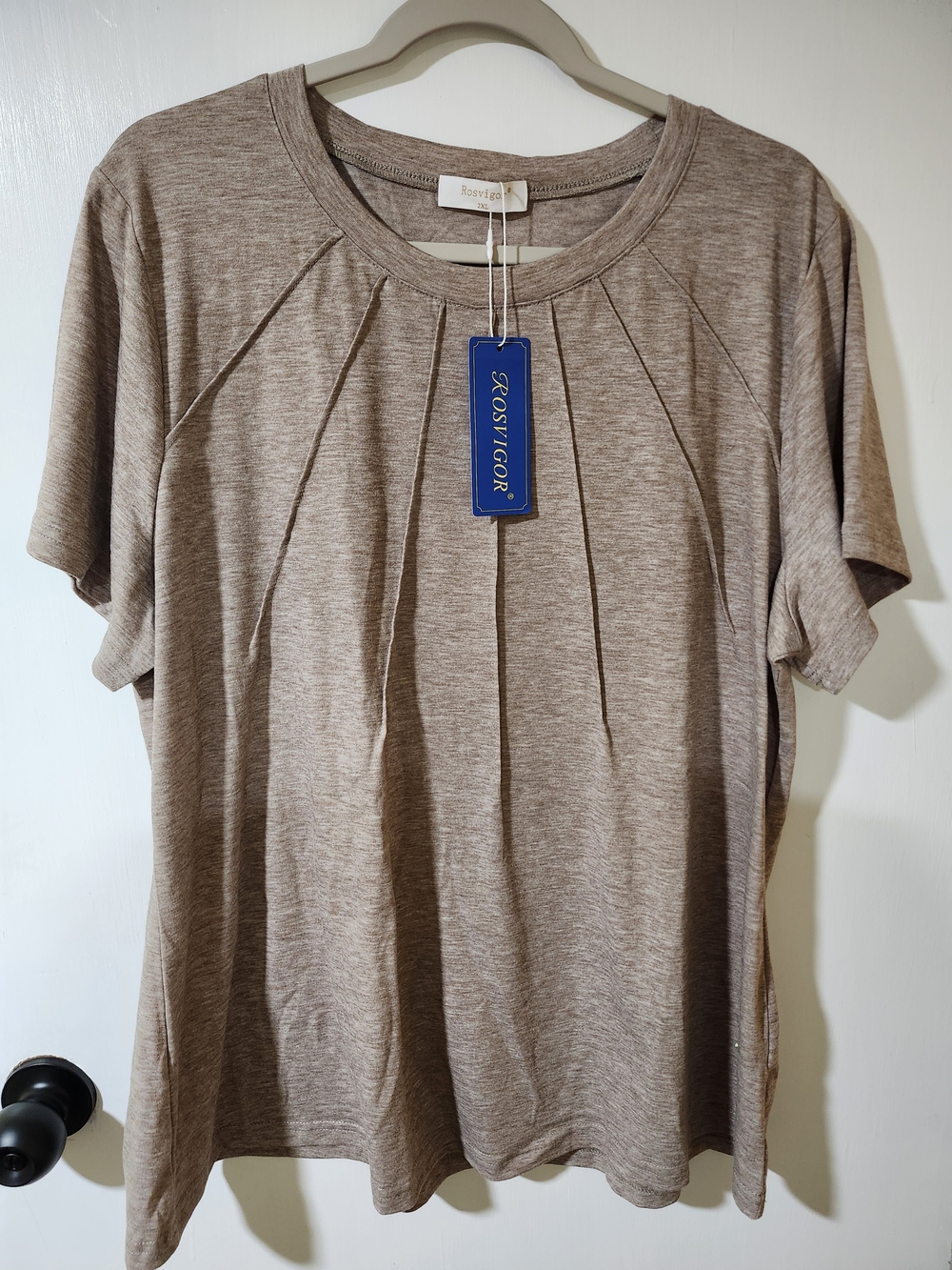 Taupe Short Sleeve Pleated Crewneck Top
